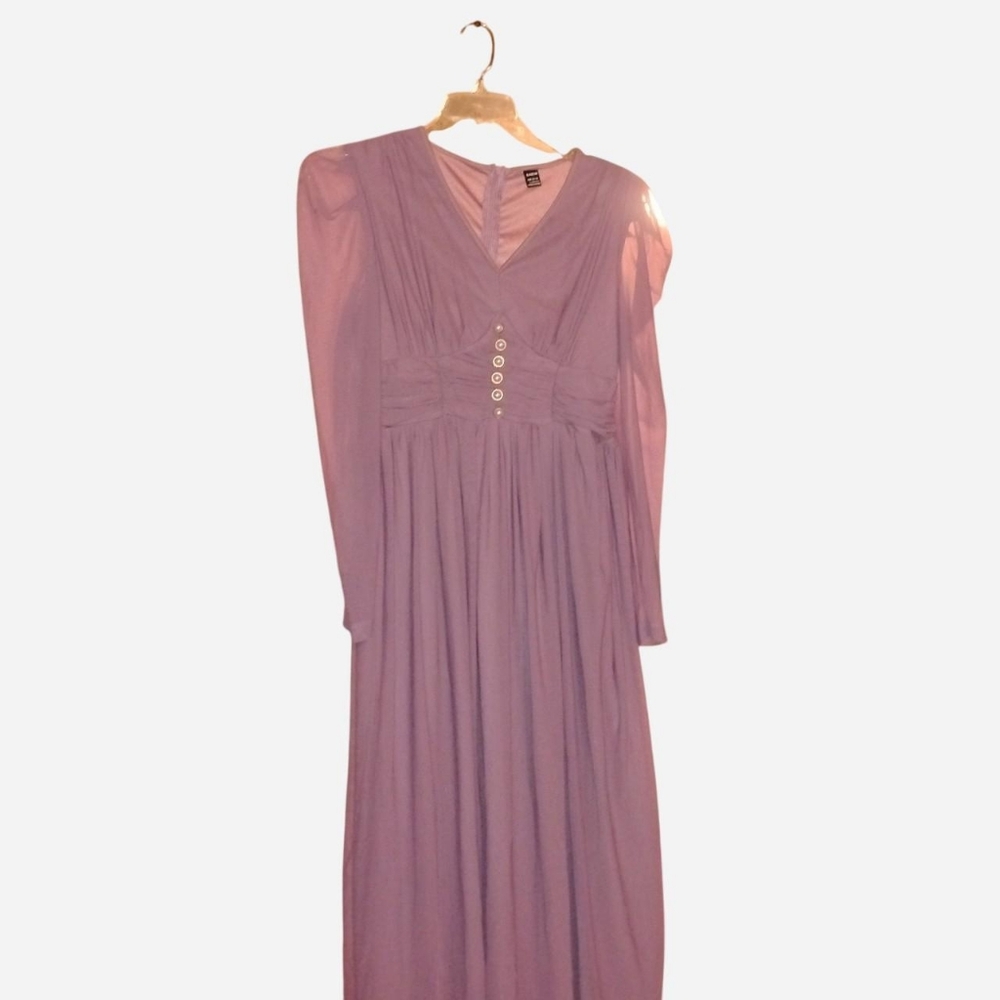 SHEIN Mauve V-Neck Maxi Dress - Size L (8/10) - Mesh Long Sleeves & Pearl Button